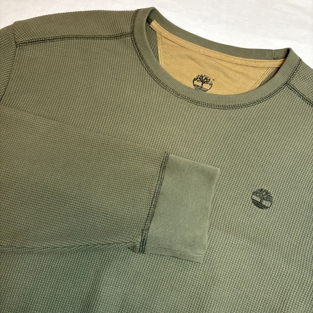 Timberland Waffle Knit Pullover Army Green Crewneck with Logo Mens XL
